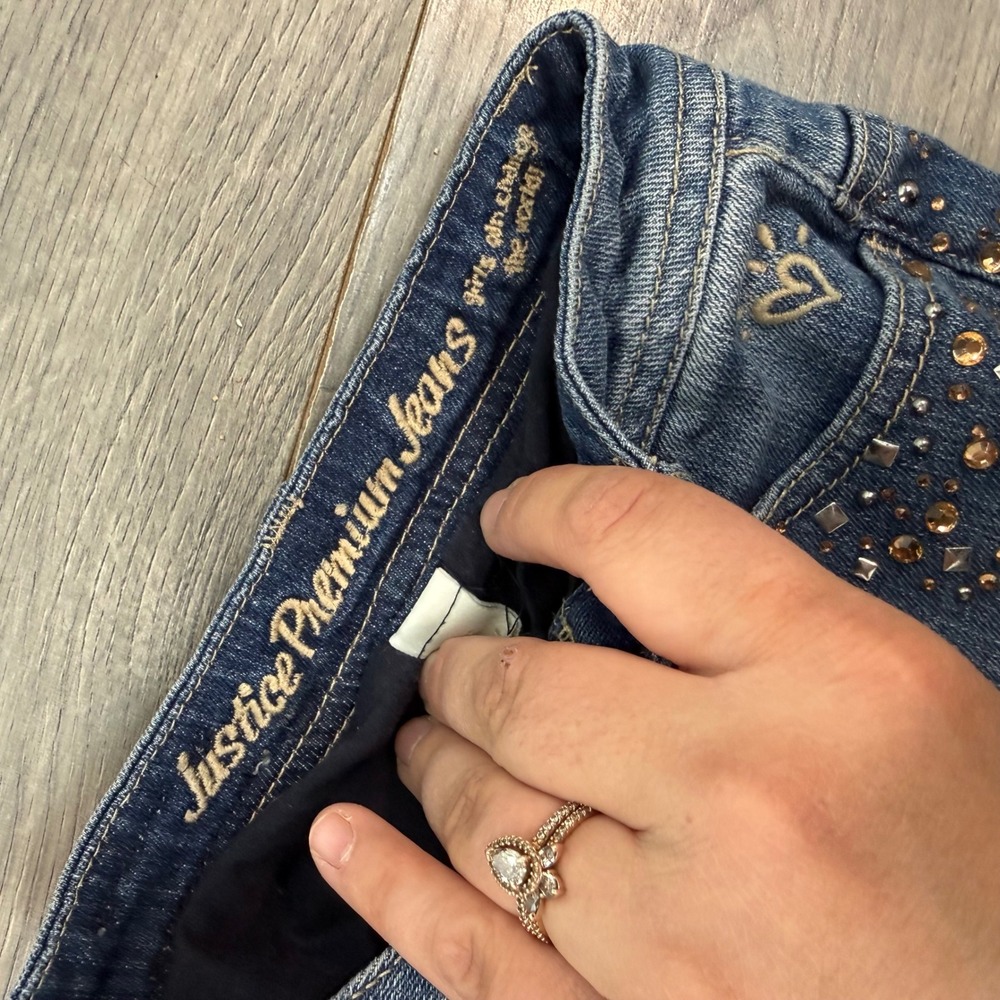 Y2K Justice Denim Mini Skirt Girls 7S Rhinestone Studded Bling Frayed Hem - Picture 14 of 14